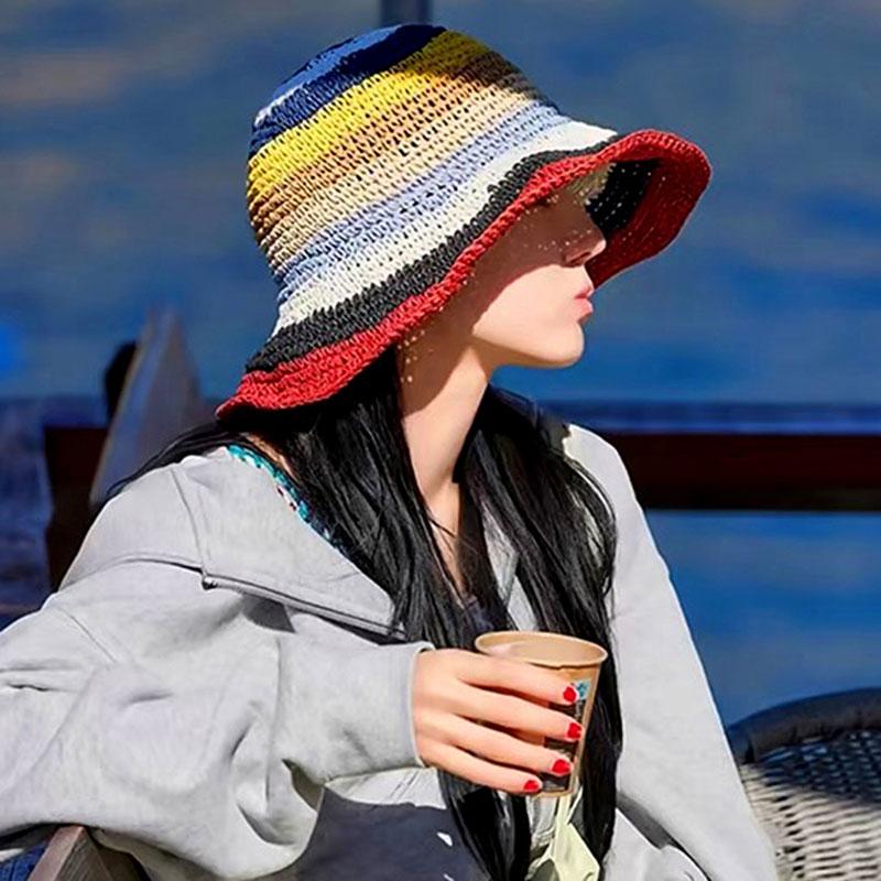 Di Lizheba Rainbow Hat Female Summer Visor Female Sunscreen Hat Dopamine Straw Hat Woven Bucket Hat