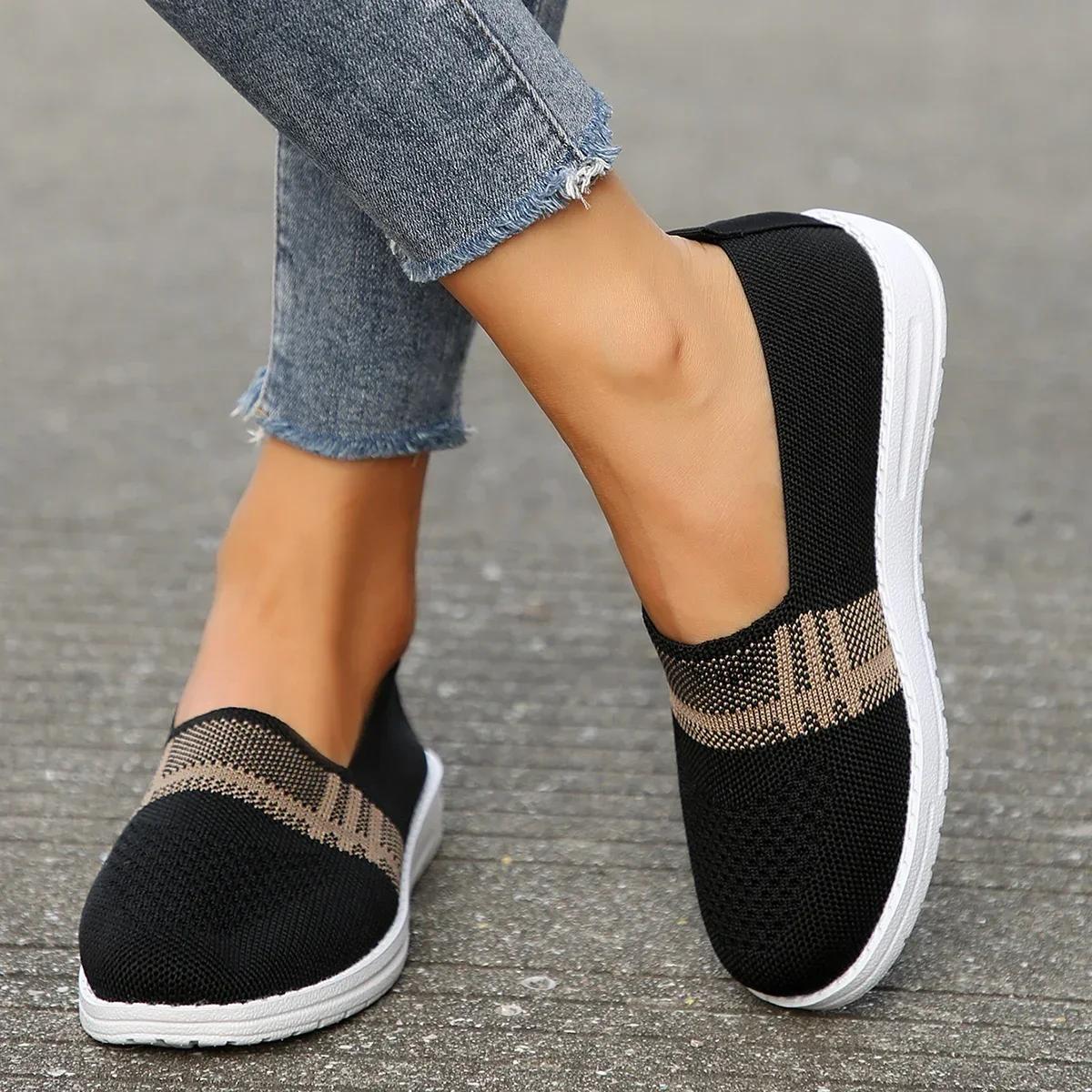 

Женская трикотажная обувь на плоской подошве в полоску разных цветов, с дышащей сеткой, на мягкой подошве, весенняя нескользящая повседневная обувь для ходьбы, 43 43