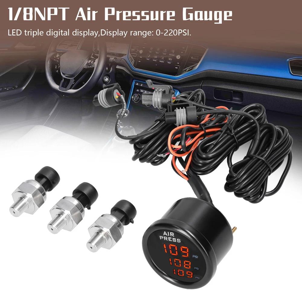 Triple Display Air Pressure Guage LED Digital Air Suspension Gauge 0-220PSI with 1/8NPT Sensors 1/8NPT Air Pressure Gauge