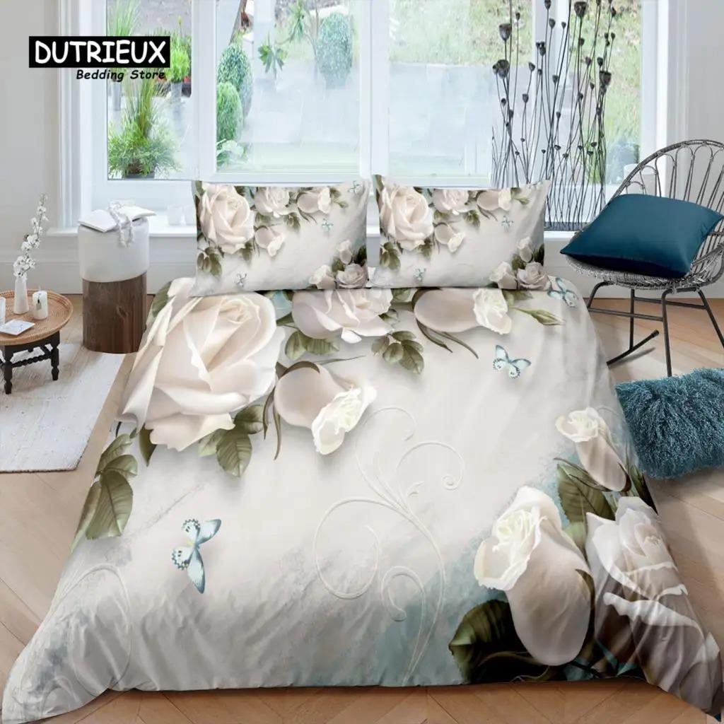 

Home Living Luxury 3D White Rose Print Bedding Set Flower Duvet Cover Pillowcase Queen and King EUUSAU Size Polyester Bedding EU Single 135x200cm