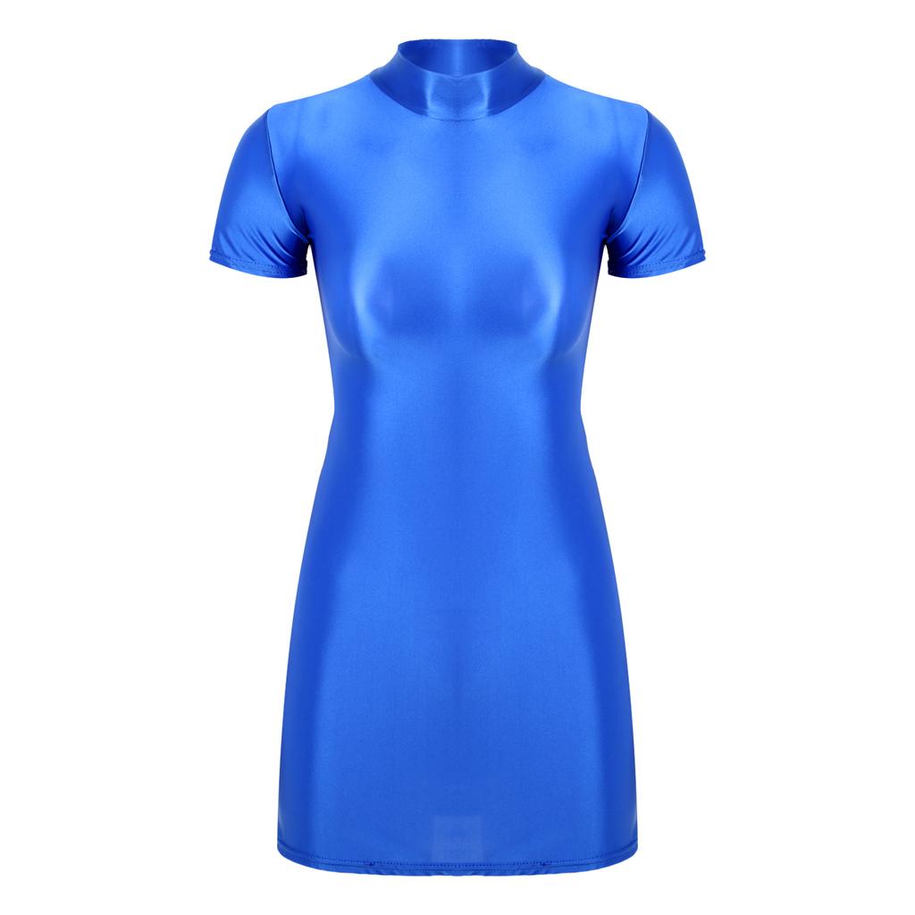 Womens Glossy Mock Neck Bodycon Dress Short Sleeve Stretchy Fabric Nightclub Party Mini Dress