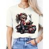T-shirt with Heart-shaped Details for Casual and Holiday Wear White T-shirt with Female Motorcycle Pattern for Women's Top