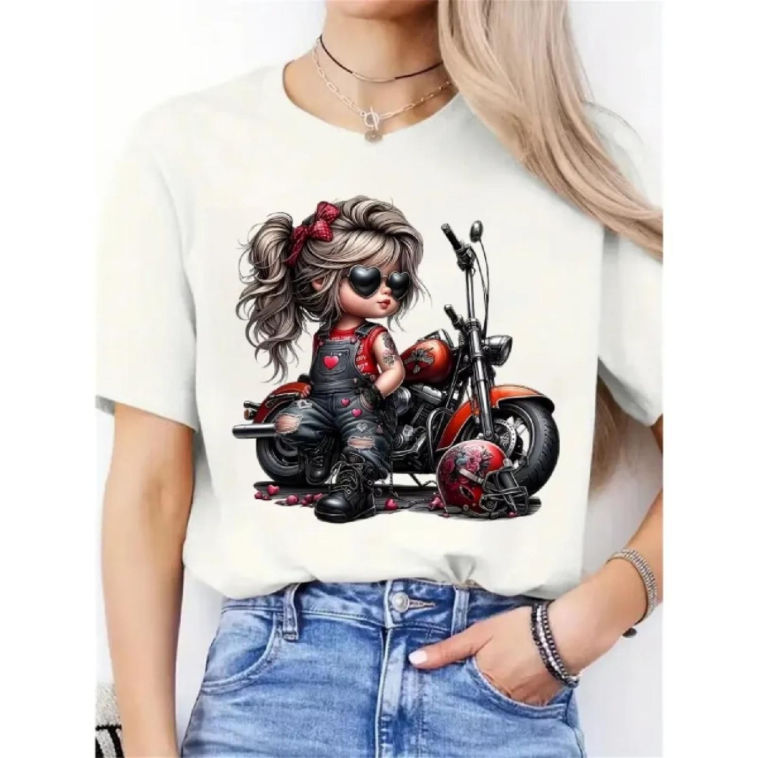 

T-shirt with Heart-shaped Details for Casual and Holiday Wear White T-shirt with Female Motorcycle Pattern for Women s Top XXXXXL білий