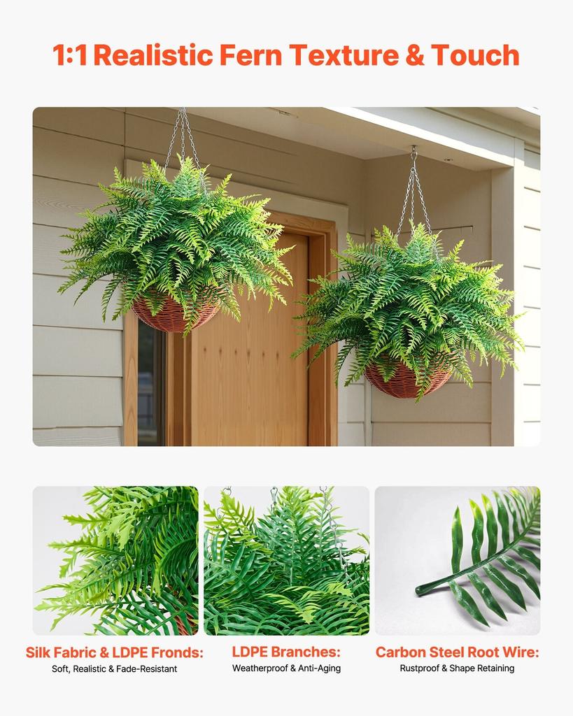 Artificial Ferns, 2 Pcs Fake Hanging Boston Fern Bush Plant with 584 Mm Hanging Length, Plastic Faux Greenery for Indoor and Outdoor Decor, For Wall,