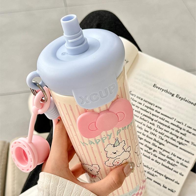 Cute Cat Thermal Water Bottle With Straw Bow Sticker Stainless Steel Thermos For Hot Cold Water Coffee Tea Thermal Cup 600ml