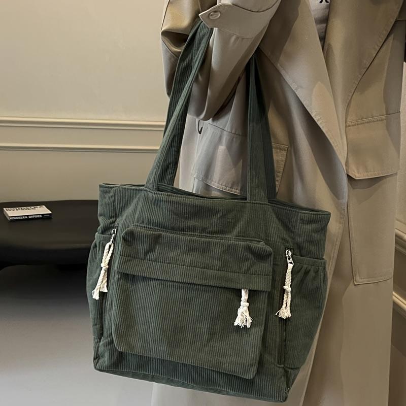 Corduroy Tote Bag with Multiple Pockets Adjustable Shoulder Strap Casual Shoulder Bag for Women, Shopping, Commuting, and Travel
