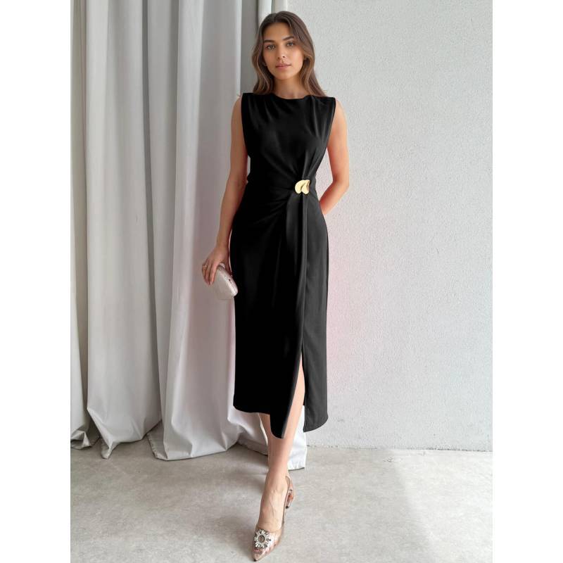 Elegant Black Sleeveless Knit Dress With High Waist For Office And Casual Wear