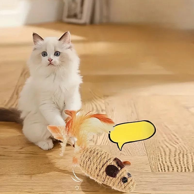 1/5pcs Cat Toys Interactive Feathered Mouse with Sisal Rope Durable Linen Mouse Shape Cat Chew Toy Pet Bite Toys Pet Supplies