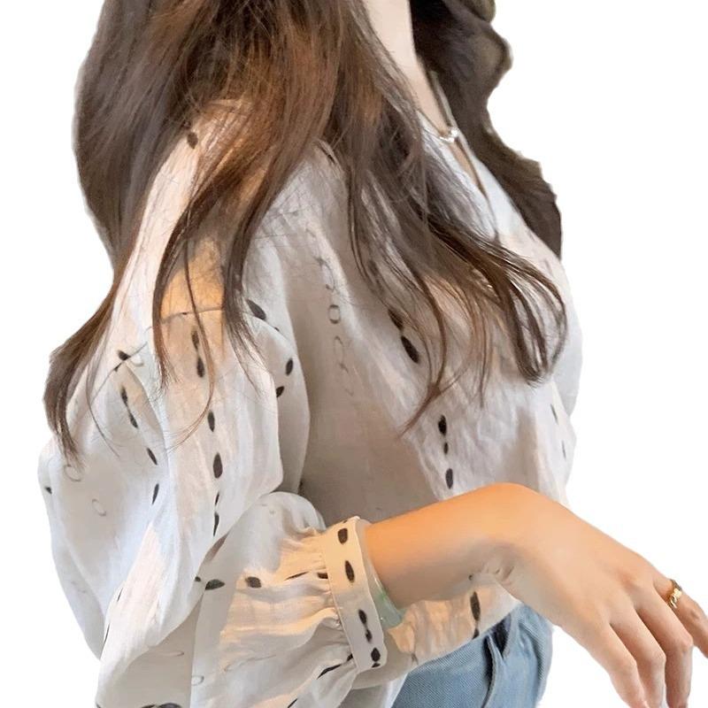 Women's Cotton Linen V-Neck Long Sleeve Blouse - Spring/Autumn Loose Casual Style