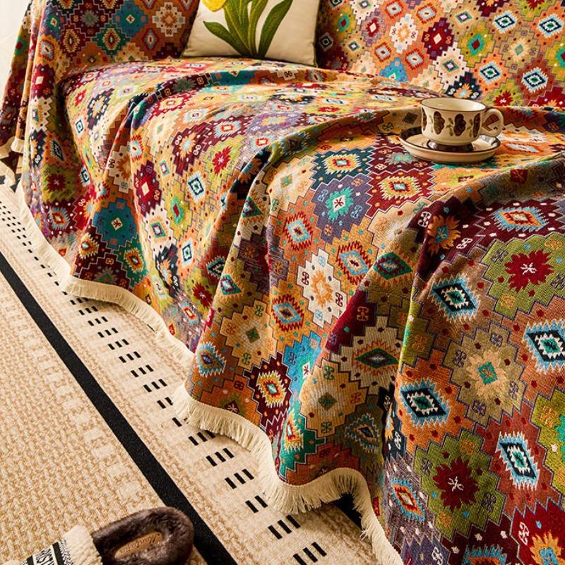 Jacquard Cotton Linen Sofa Towel Ethnic Style Thicken Settee Cloth Retro Style Living Room Dust Cover Multi Functional Blanket