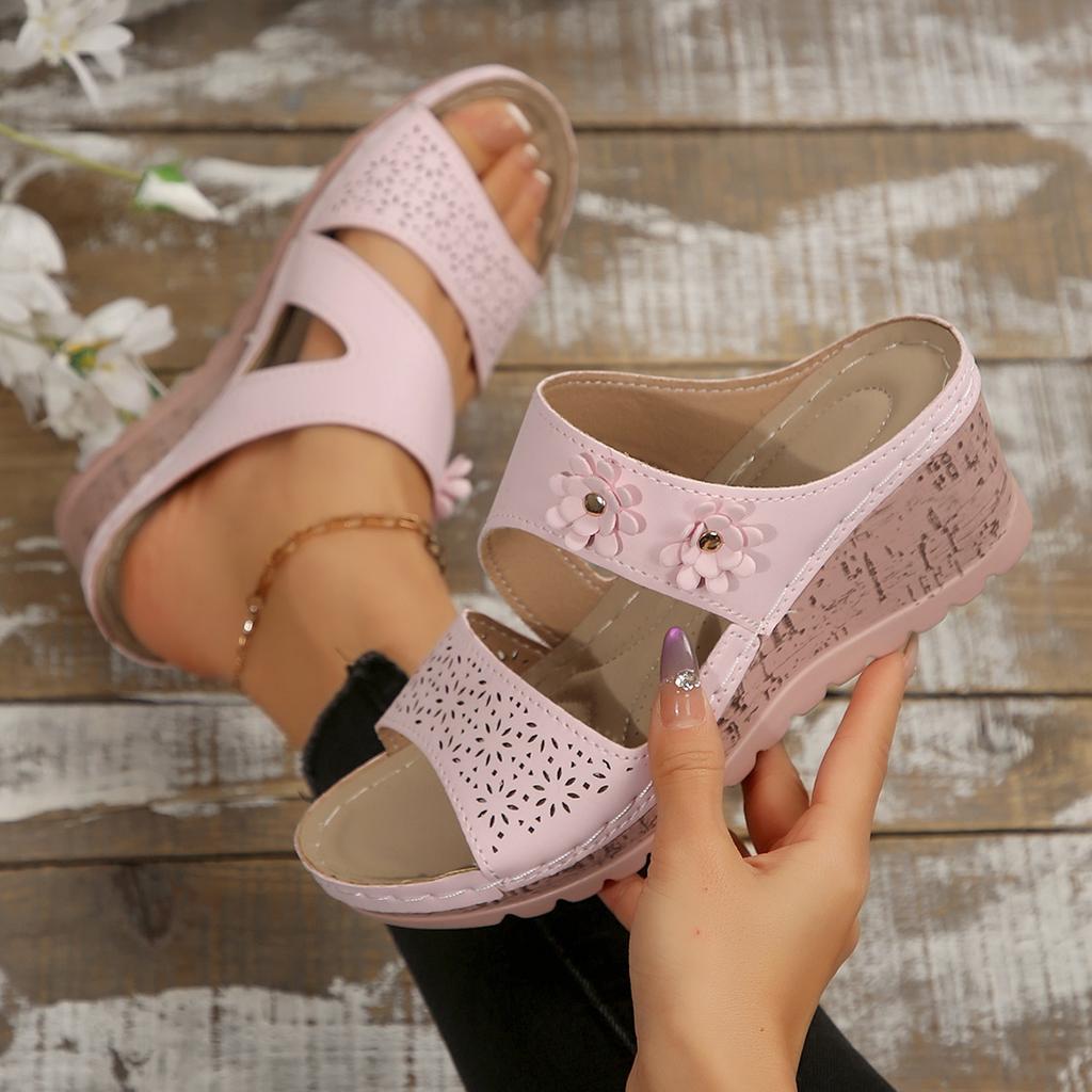 Sandals for Women Summer Metal Buckle Sandals Peep Toe Wedge Casual Thick Bottom Light Comfort Beach Slides Slippers