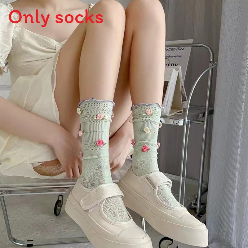 French Rose Lace Midcalf Socks With Cotton Material For Girls And Teens