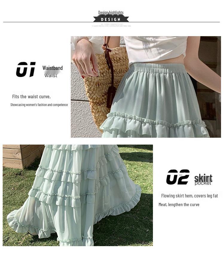 Women's French Ruffled Chiffon A-Line Dress - Slimming High Waist Fairy Skirt for Spring 2026