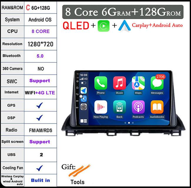 DSP RDS For Mazda 3 Axela 2014 - 2019 QLED Android 14 WIFI+4G BT Car Radio Multimedia Video Player GPS Navigation Stereo Audio