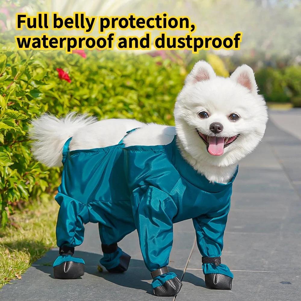 Pet Out Wrap Magväska Overaller med 4-bensskor Hundpromenad Dammtäta Byxor Husdjur Vattentäta Kläder Valphund Regnkappa med Stövlar