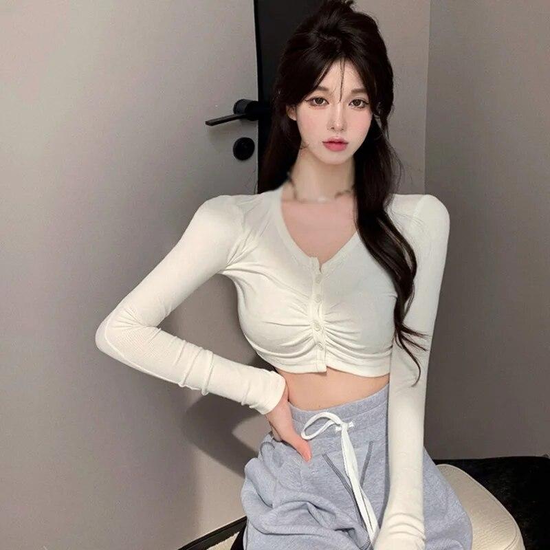 

Повседневные футболки, однотонная осенняя одежда с рюшами, сексуальная блузка, приталенная рубашка, топы с длинными рукавами для женщин One Size