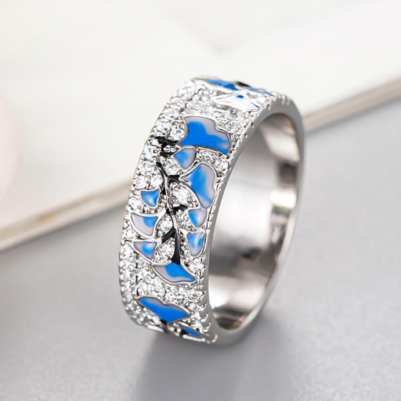 CopperBlue Flower Finger Ring for Women AAA Cubic Zirconia Accessories for Anniversary Delicate Jewelry for Women