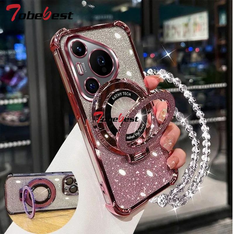 Shockproof Glitter Plating Crystal Bracelet Magsafe Phone Holder Case For Huawei Pura 70 Ultra P60 P50 P40 P30 Lite Pro Cover