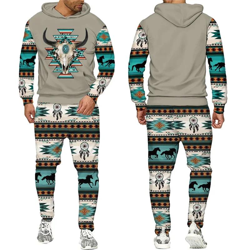 New Men 2 Pieces Tracksuit National Cow Skull 3D Print Casual Hoodies Sweatpants Sets Fashion Hip Hop Street Clothing Suits