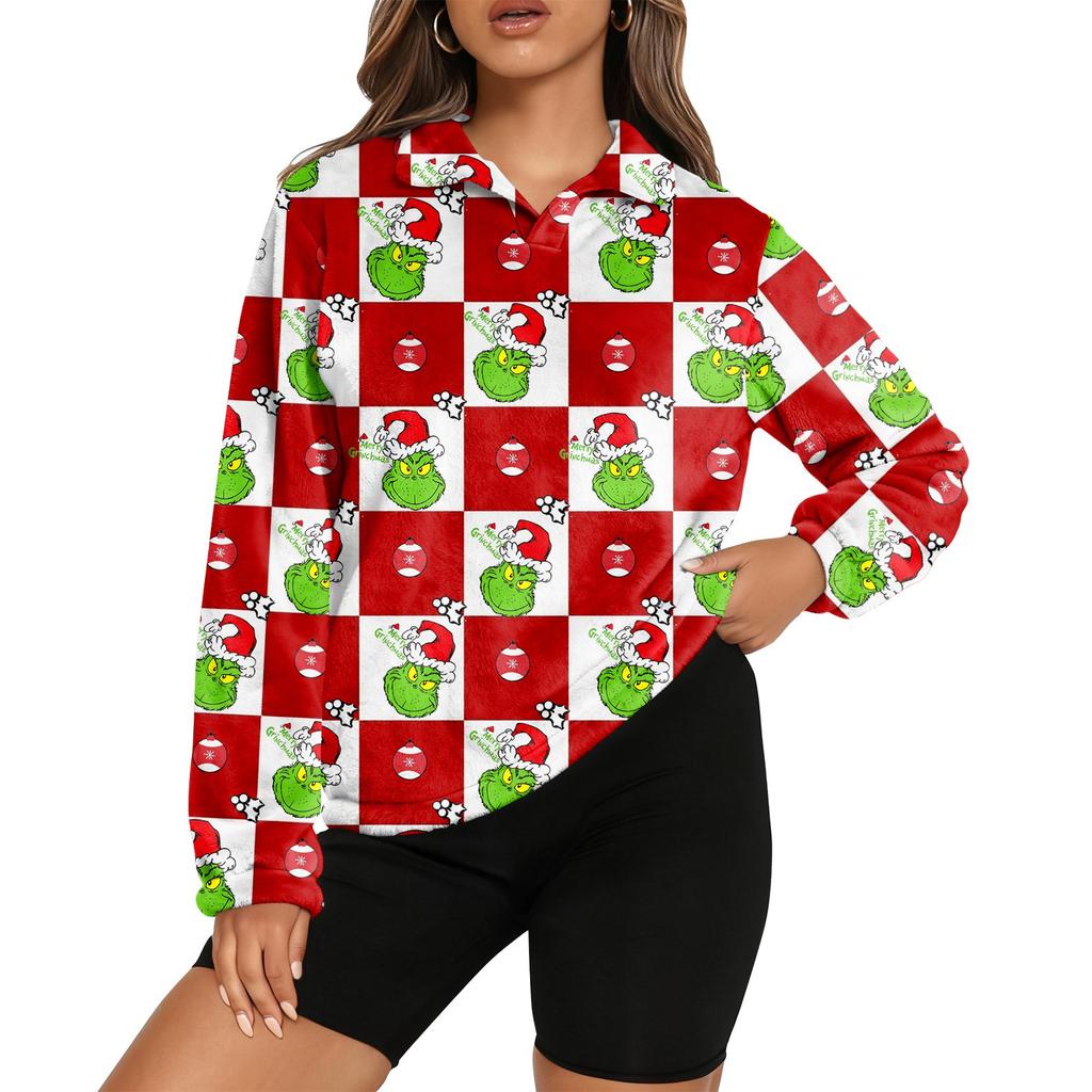 Women's Stand Collar Pullover Long Sleeve Top Christmas Print Sports Top