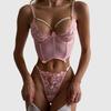 Sexy Lingerie Set Lace Floral Embroidery Sexy Underwear Mesh See-Through Body Shaping Fishbone Girdle Pearl-Draped Lingerie Set