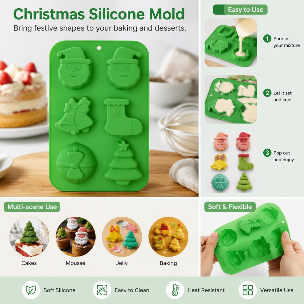 Silicone Mold Green Christmas 6-Cavity Santa Tree Stocking Bell Ball for DIY Cake Mousse Baking Holiday Desserts