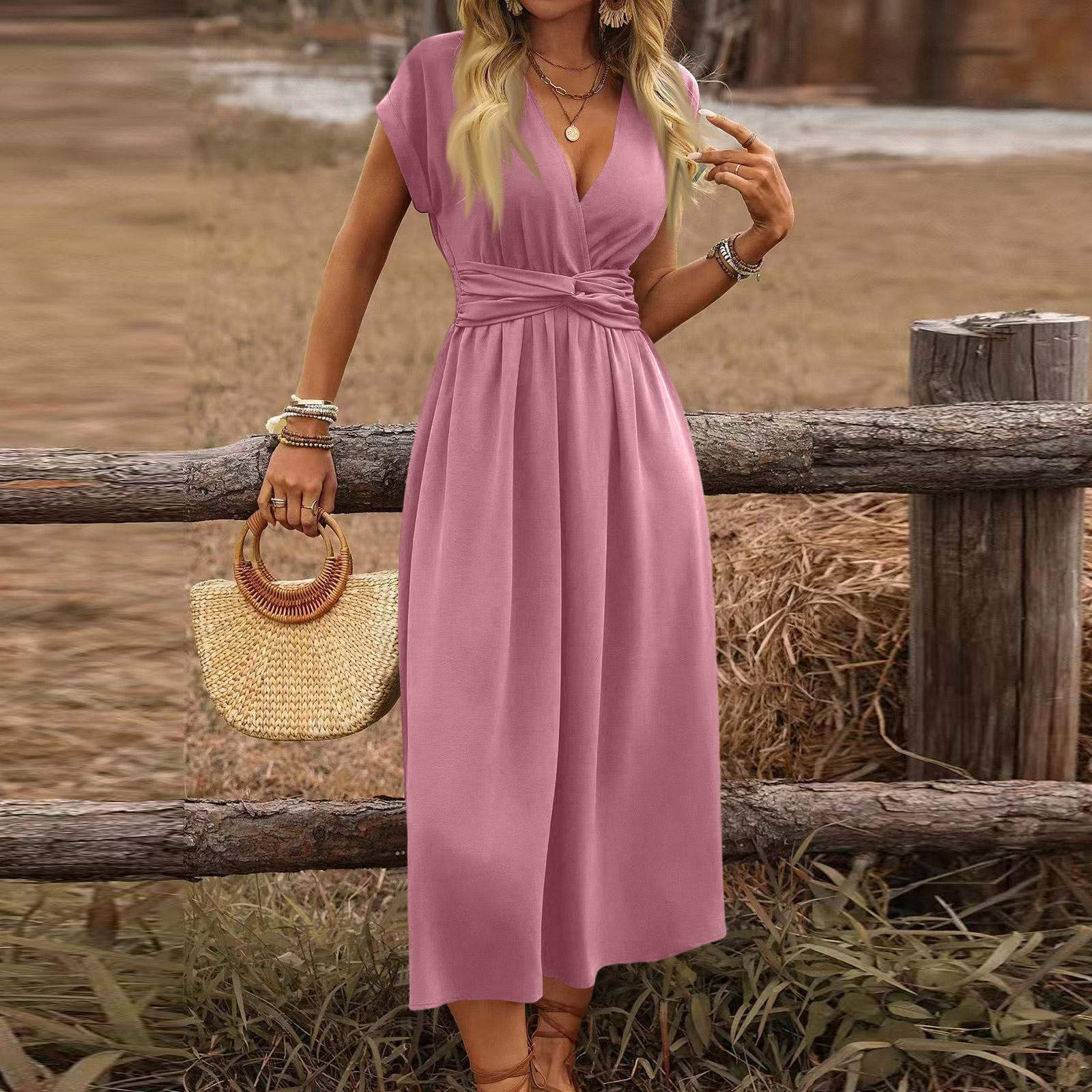 Women s Casual Fashion V-neck Long Sleeved Retro Christmas Print Retro Dress S розовый