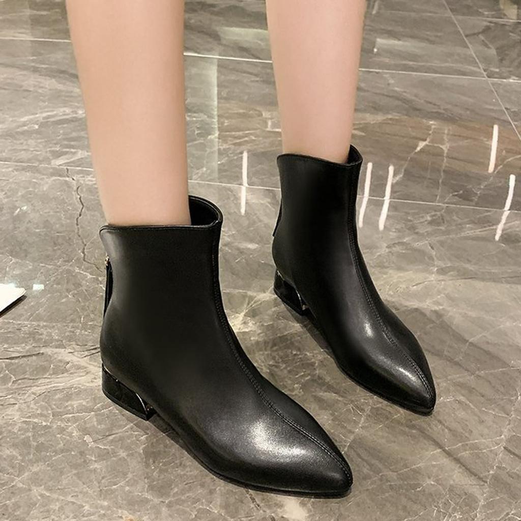Fashion Women Artificial Leather Solid Color Thick Sole Square Heels Zipper Short Booties Pointed Toe Platform Boots for Women