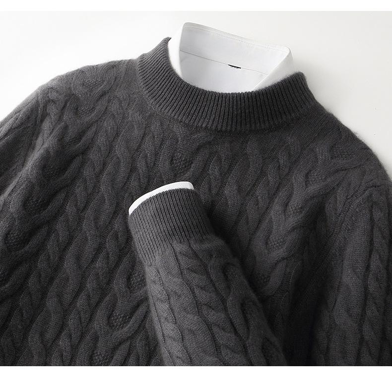 Men's Thickened Pure Wool Half-High Collar Cable Knit Sweater - Autumn Winter Loose Business Casual Base Layer