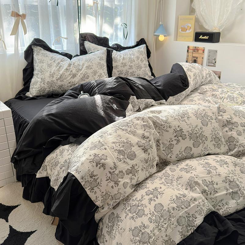 Ins Style French Romance Rose Flowers Bedding Set Washed Cotton 4pcs Bed Sheet Set Duvet Cover Set For Girl Bedding Decor Home