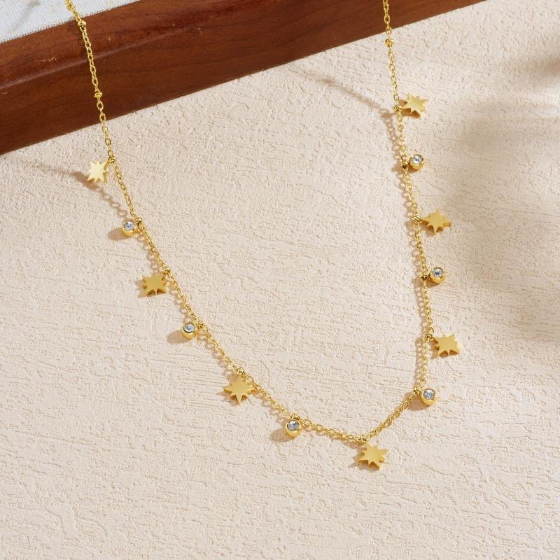 Gold Plated Multi Star Charm Beaded Necklace, Dainty Sunburst Star Pendant Link Chain with CZ Charms, Boho Jewelry for Women Gift
