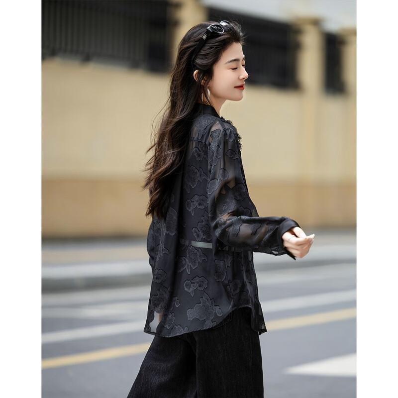 Demana Women s New Chinese Style Lace Cut-out Stand Collar Blouse L