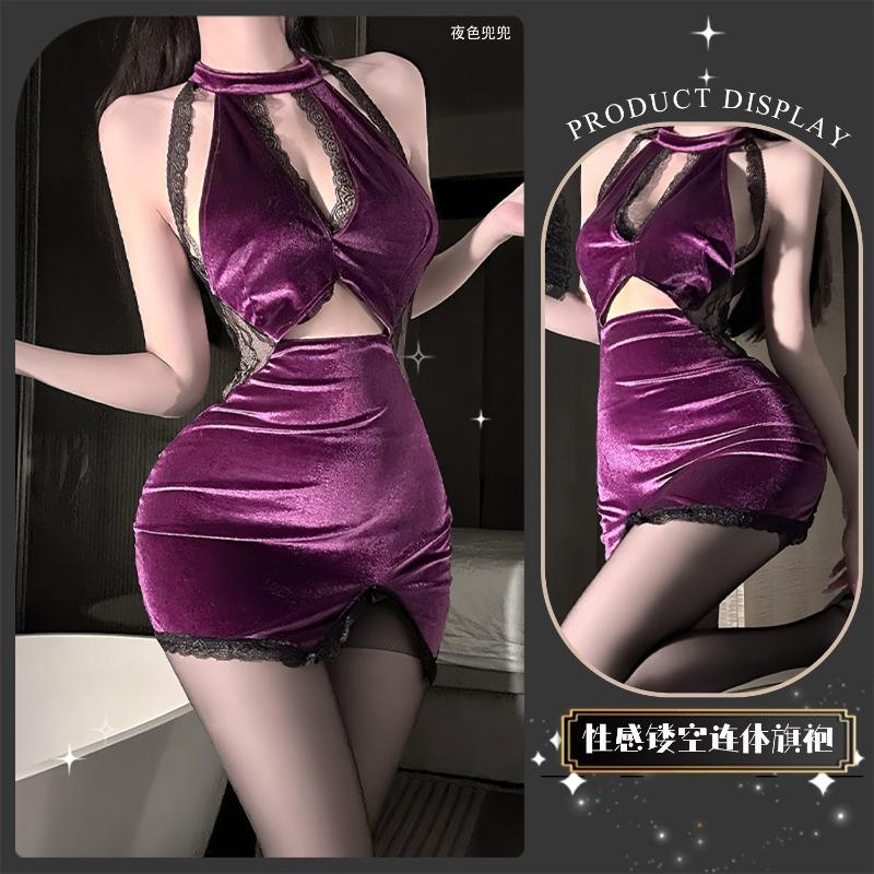 Sexy underwear sexy hot lace splicing velvet temperament gathering and thin purple classical neck cheongsam