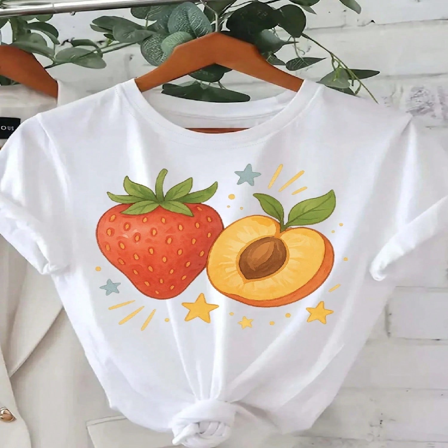 Women Strawberry And Peach Star Printed T-Shirt Casual Round Neck Short Sleeved Top Casual Summer Women Clothing S разноцветный