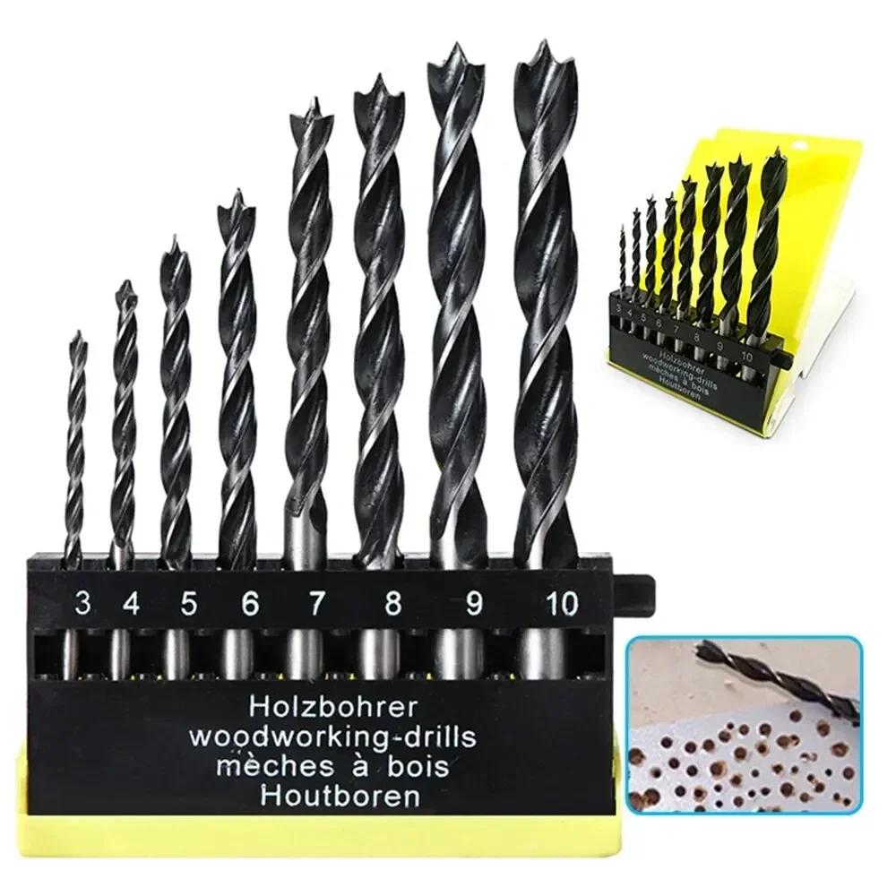 8pc 3-10mm Three-Pointed Woodworking Drill Bit Set - DC Twist Branch Drilling Bits with Plastic Storage Box for Electric Drill