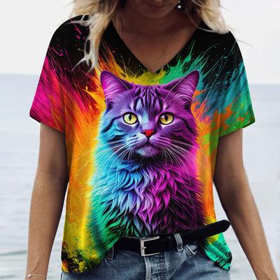 T-shirt d'été pour femmes avec imprimé chat coloré, vêtements pour femmes, col en V, manches courtes, hauts graphiques animaux, streetwear, hauts oversize