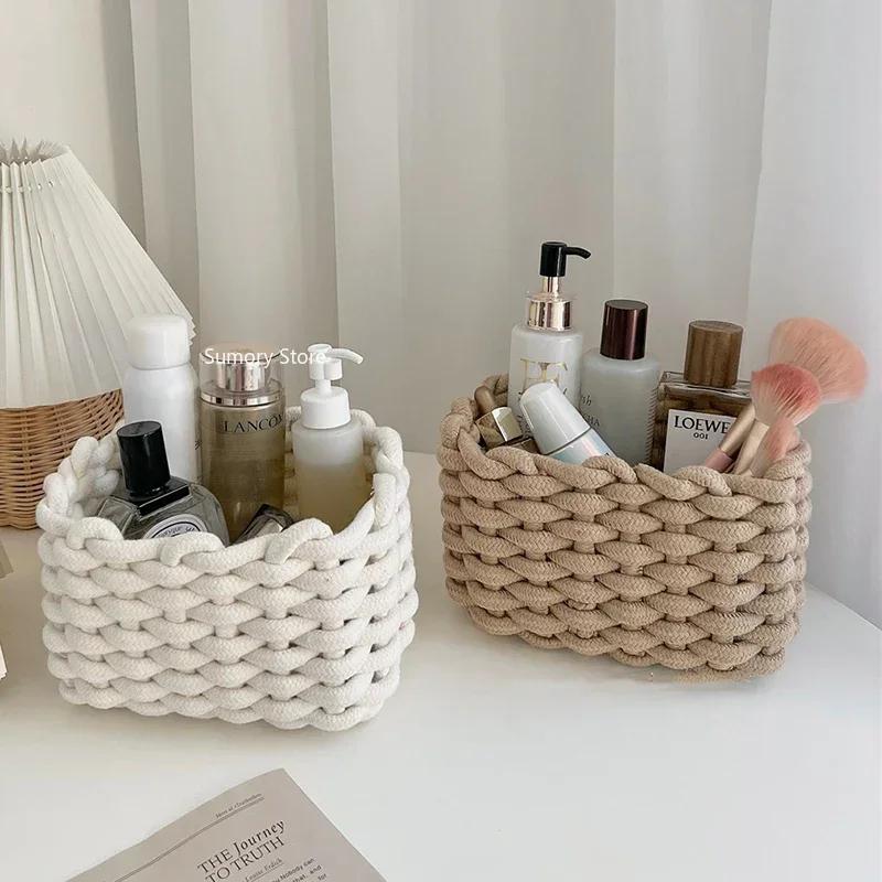 Cotton Rope Woven Storage Basket with Handle Sundries Cosmetic Storage Box Toys Snack Desktop Makeup Organizer Cotton Baskets