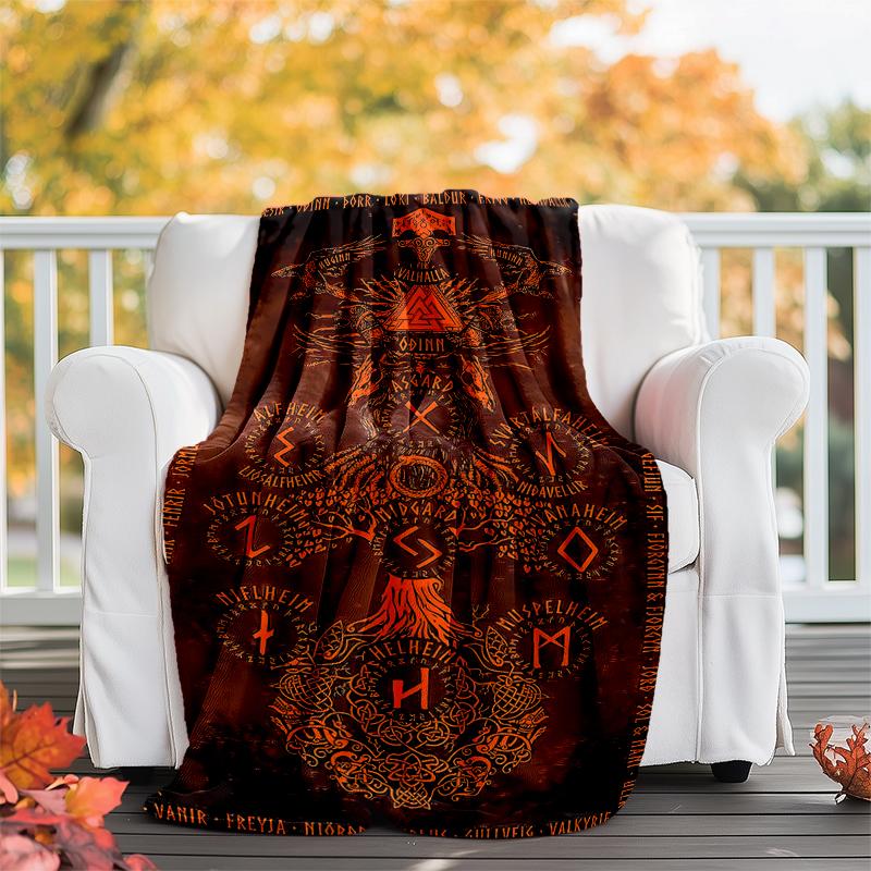 Viking Runes & Tree of Life Flannel Blanket Soft All-Season Throw, Design for Camping, Car Travel, Hiking Sofa, Bed, Office Perfect Gift for Parties