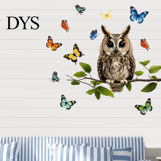 Natural Forest Theme Wall Decor Owl Butterfly Sticker, Animal Illustration Decorative Decals, Pastoral Style Mural Waterproof Removable Stickers, for