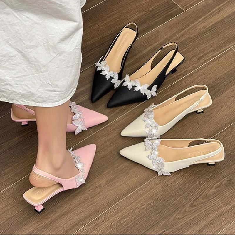 Hot Selling Women Crystal High Heels Sandals Shoes Butterfly Pointed Toe Slippers 2025 New Summer Elegant  Brand Shoes Mujer