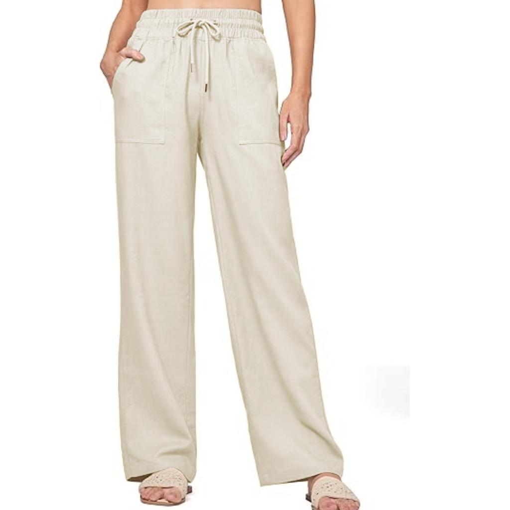 2025 High-Waisted Women's Drawstring Cotton-Linen Wide-Leg Trousers - Casual European-American Style