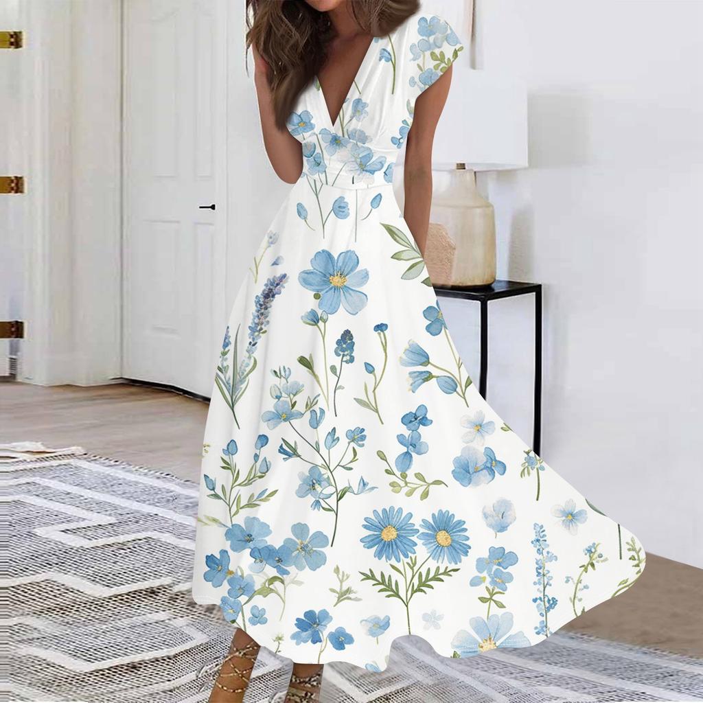 Women's Long Casual Dress Summer Short-Sleeve V-Neck Waist Retraction Printed Dress