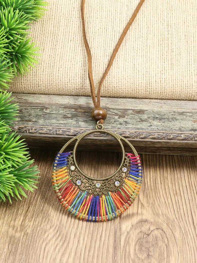 Bague en métal de style ethnique bohème rétro, enroulement de roue à bande, long collier pendentif pour femmes classique et minimaliste