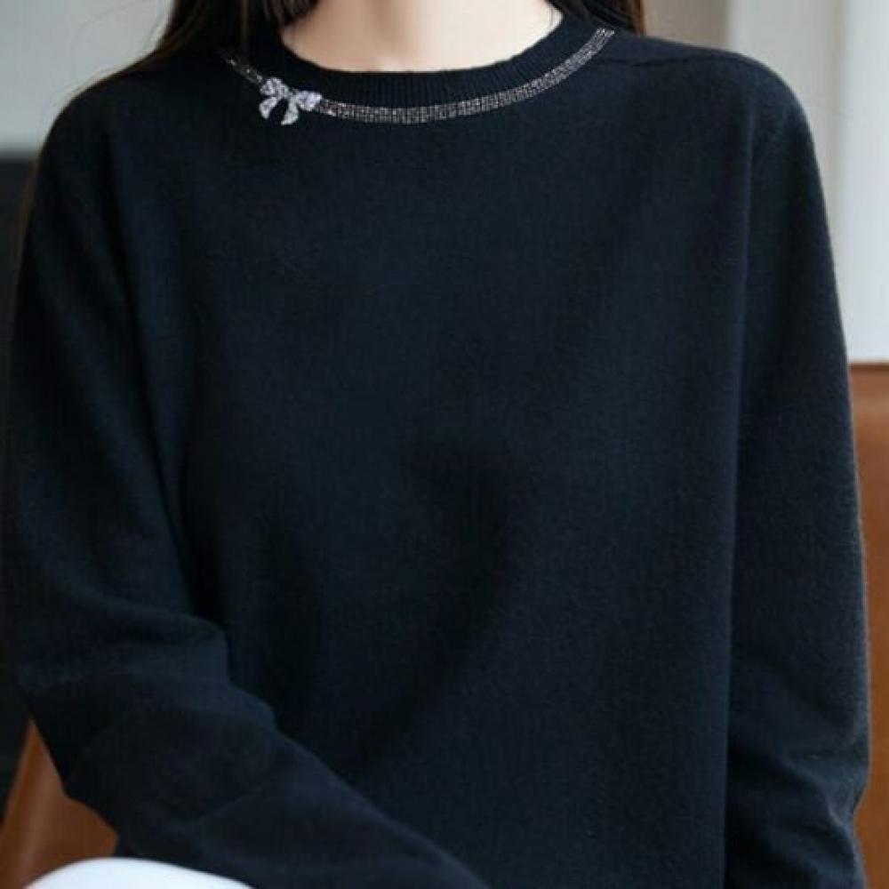 Navava Women Ribbon Point Round Neck Long Sleeve Knit Tee Nk3192