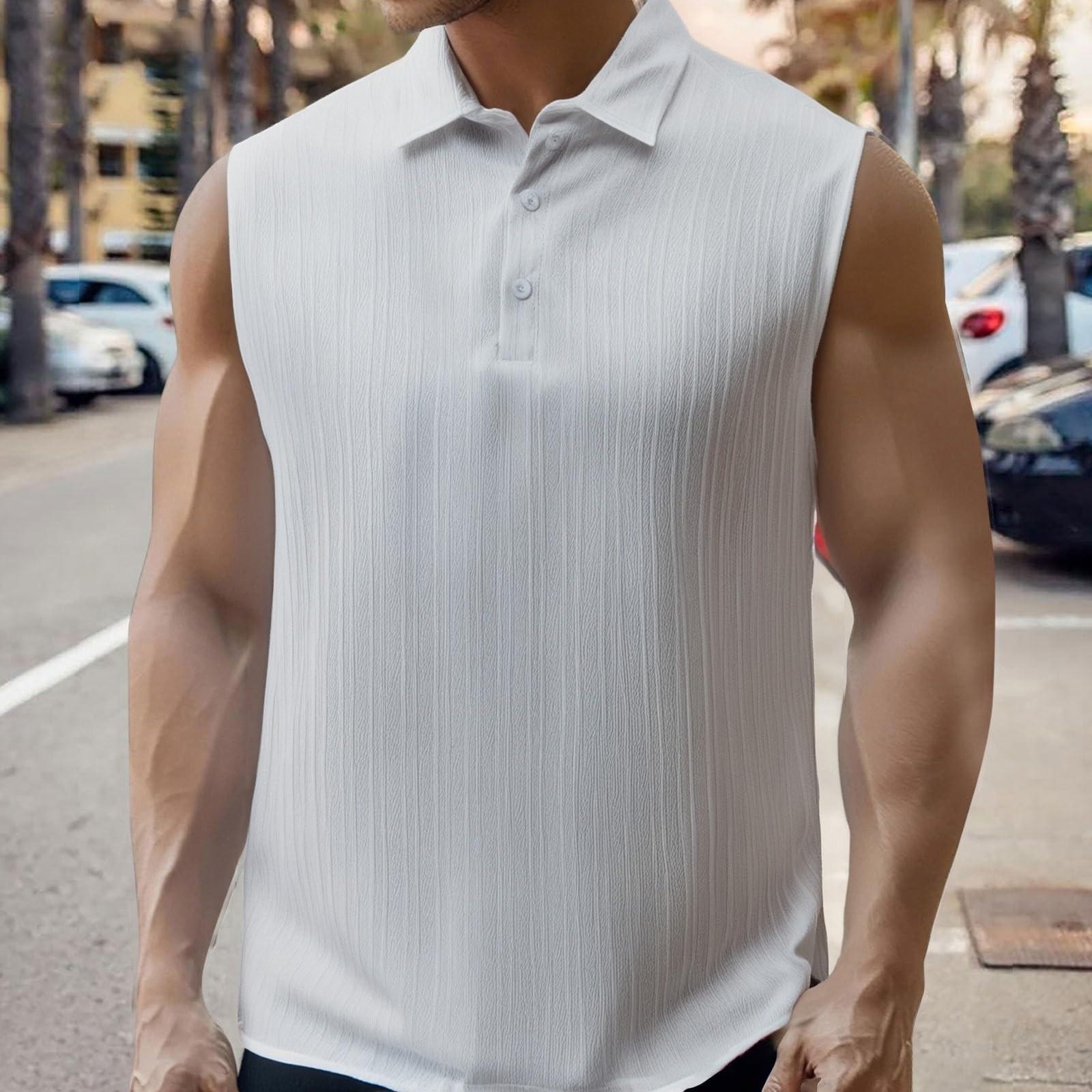 

Мужская однотонная повседневная рубашка с лацканами без рукавов L белый