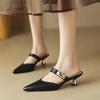 Women Kitten Heels Mules Golden Rivet Pointed Toe Summer Sandals Fashion Beige Ladies Casual Med Heels  Luxury Shoes