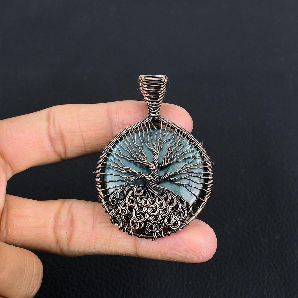 Tree Of Life Labradorite Pendant, Handmade Gemstone 999 Copper Wire Wrapped Pendant Antique Jewelry, For Gift Silver Jewelry