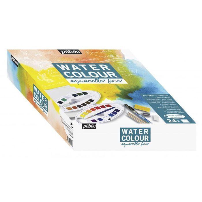 Kit d'aquarelle - Aquarelle fine - 24 demi-godets - Accessoires inclus - Mixte - Débutant
