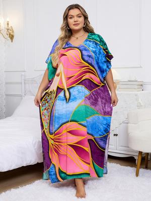 Plus Size Women's V-neck Bohemian Long Dress Kaftan Vibrant Color Swimsuit Cover-up House Robe Outfit Beach Dress Q1546