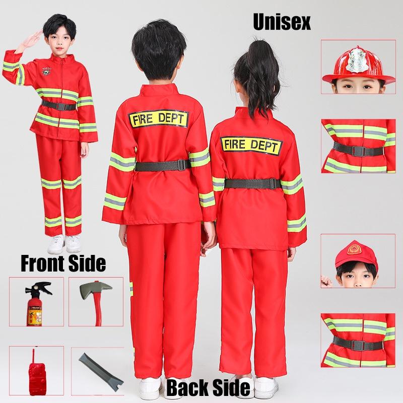 Dziecięcy strój strażaka do przebierania czerwony poliestrowy zestaw kostiumowy strażaka z paskiem i czapką z daszkiem